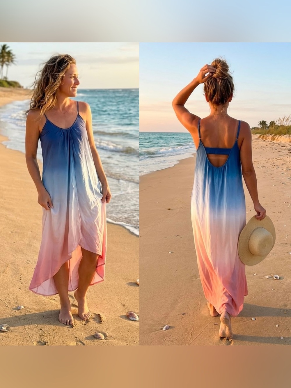 SHEIN VCAY Ombre Blue Pink Cutout Back Spaghetti Strap Cami Maxi Dress Beach M